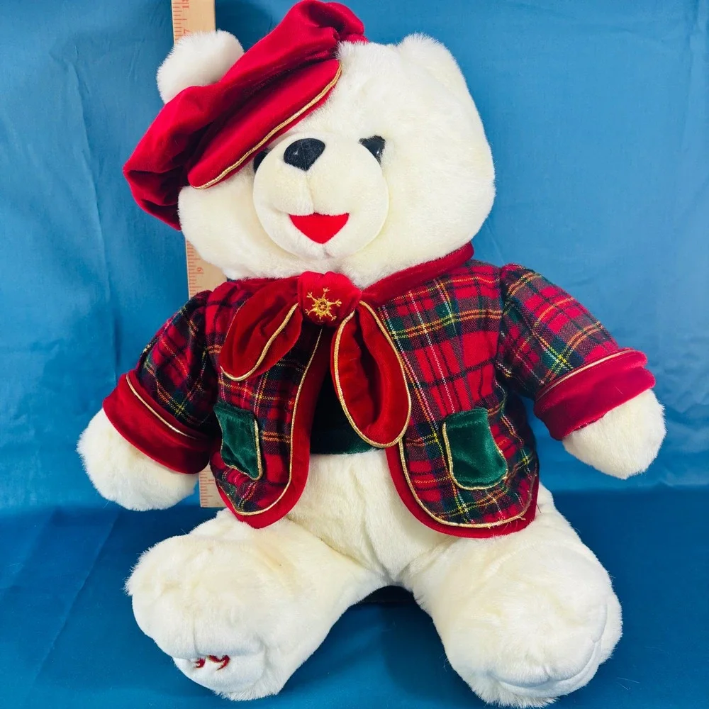Vintage 1999 Snowflake Teddy White Plush Bear Holiday Plaid Jacket 16 Inch